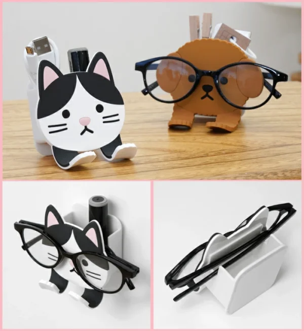 [日本限定] 可愛的動物圖案帶口袋壁式儲物櫃 黏性鉤袋 吸附鉤、牆壁收納、配件收納、牙刷架、眼鏡架、盥洗室、浴室、四肢可彎曲、可以弄濕、貓、兔子、刺猬、貓頭鷹、熊貓、 柴犬