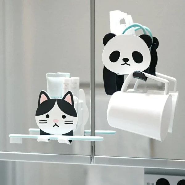 [日本限定] 可愛的動物圖案帶口袋壁式儲物櫃 黏性鉤袋 吸附鉤、牆壁收納、配件收納、牙刷架、眼鏡架、盥洗室、浴室、四肢可彎曲、可以弄濕、貓、兔子、刺猬、貓頭鷹、熊貓、 柴犬